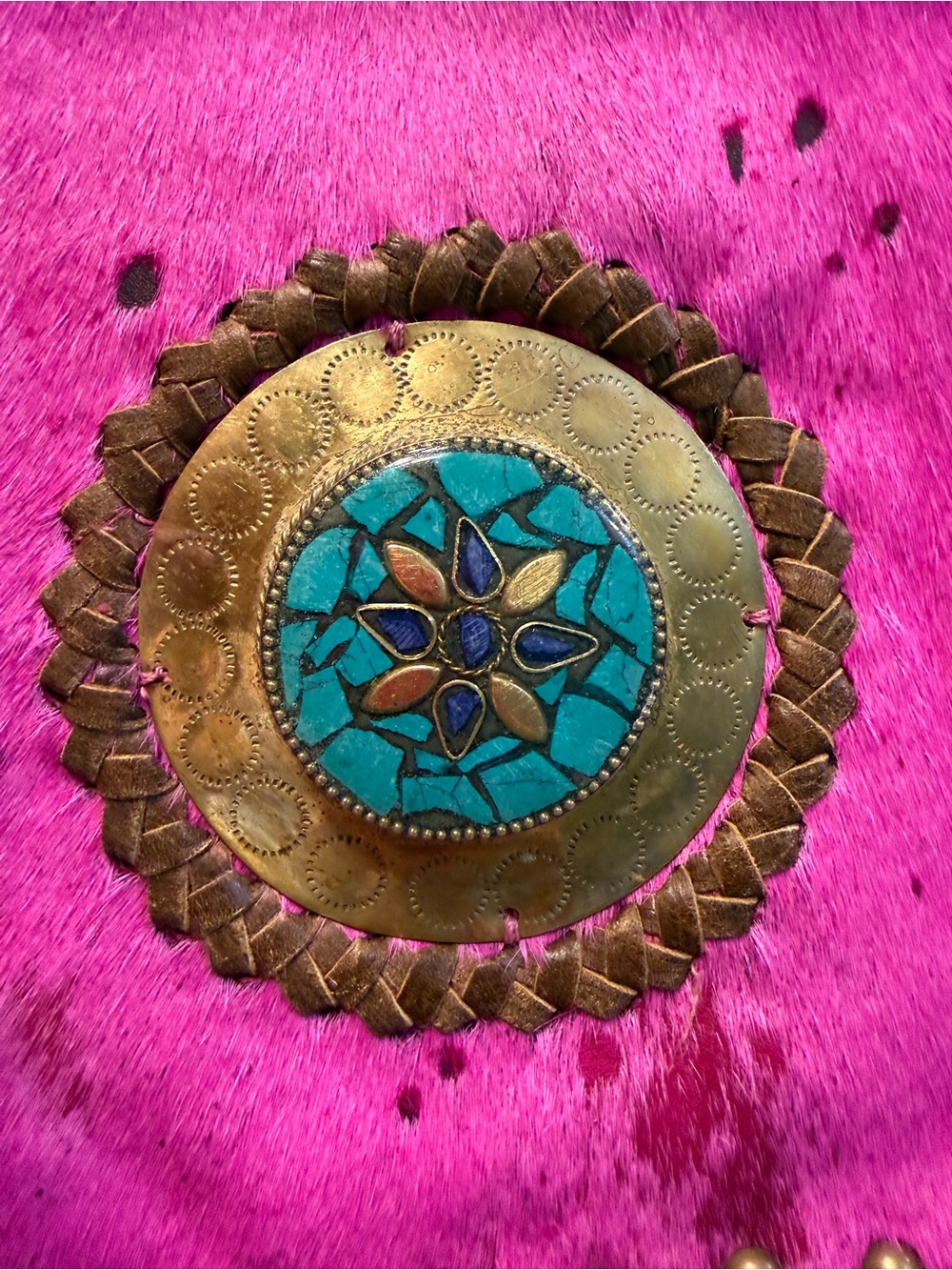 American Darling Hot Pink and Brown Fringe Crossbody with Southwestern Medallion